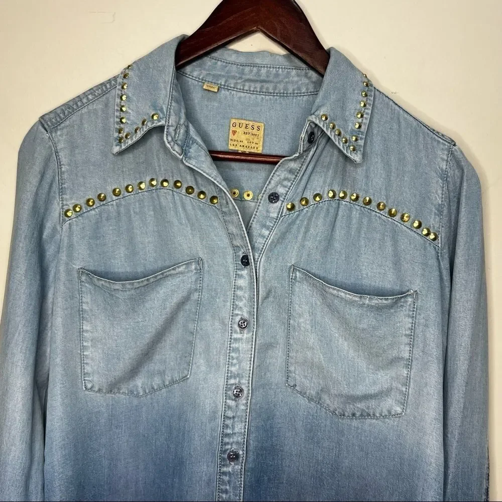 Guess Denim Button Down Dip Dye Studded Detail Shirt Size XS - Picture 2 of 9